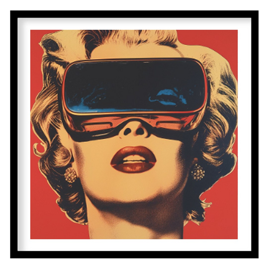 "Retro Reality" presents a stylized portrait of a woman, reminiscent of Marilyn Monroe, wearing fut… for area