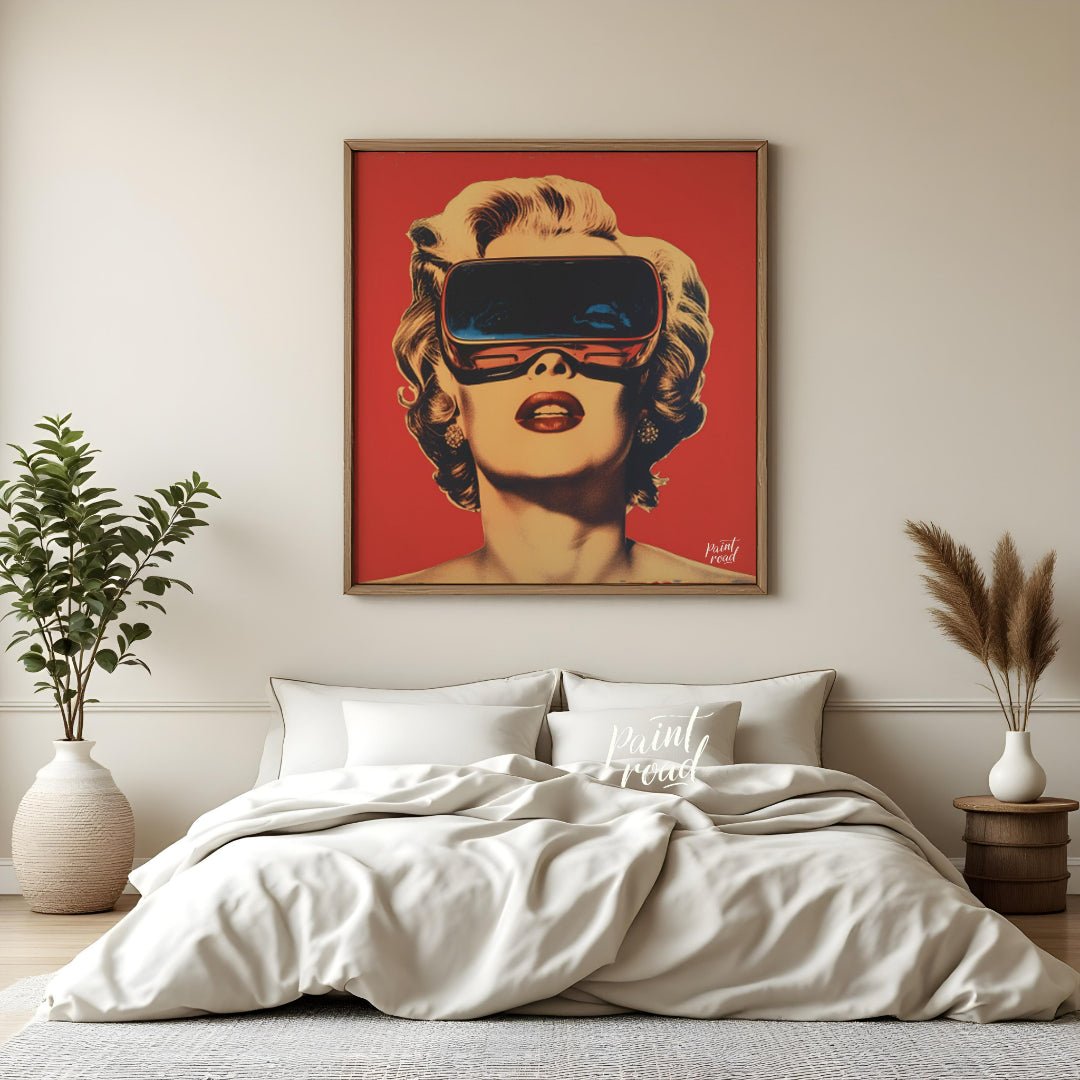 "Retro Reality" presents a stylized portrait of a woman, reminiscent of Marilyn Monroe, wearing fut… for bedroom