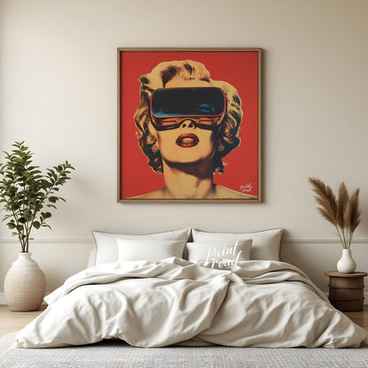 "Retro Reality" presents a stylized portrait of a woman, reminiscent of Marilyn Monroe, wearing fut… for bedroom