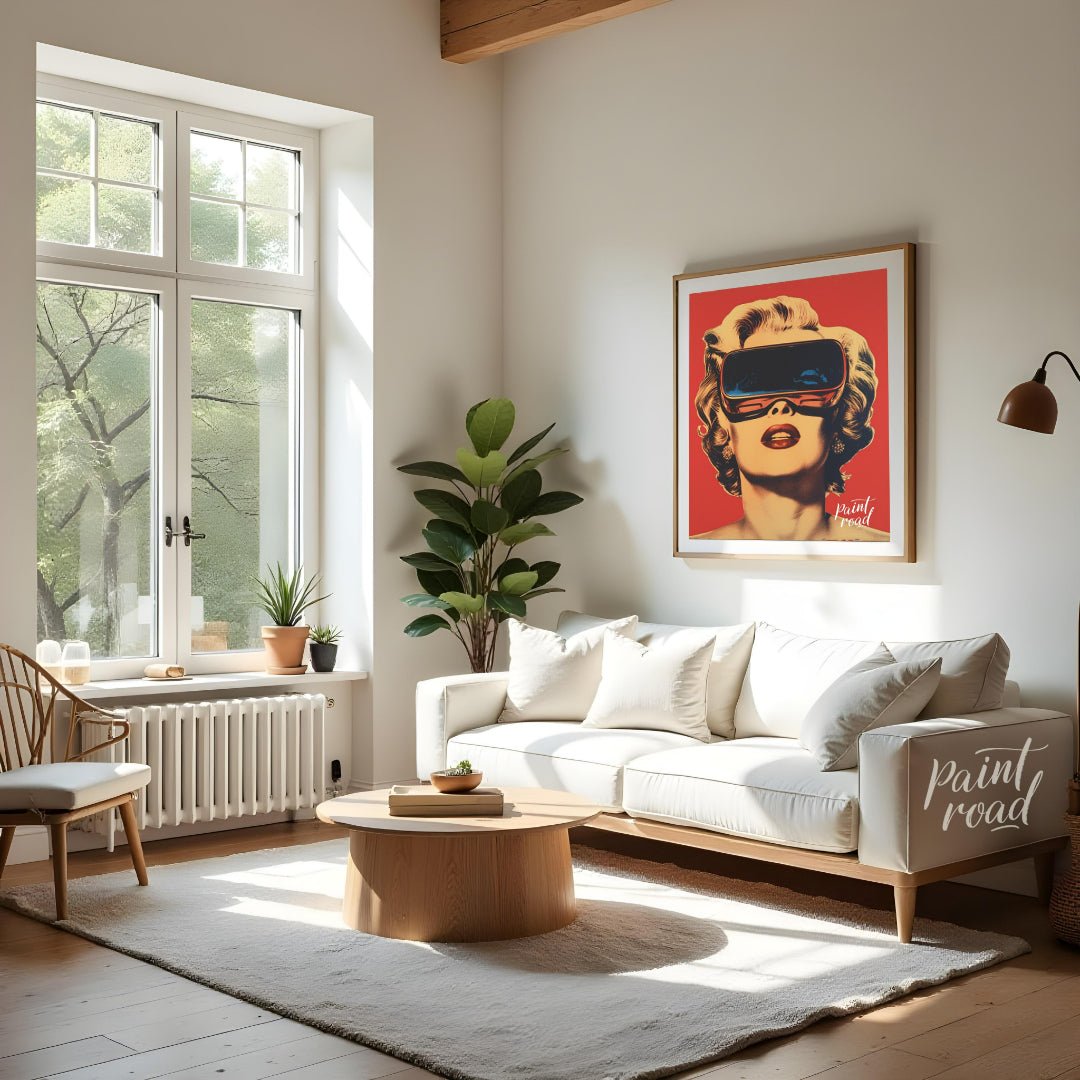 "Retro Reality" presents a stylized portrait of a woman, reminiscent of Marilyn Monroe, wearing fut… for living room