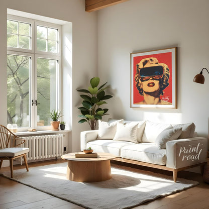 "Retro Reality" presents a stylized portrait of a woman, reminiscent of Marilyn Monroe, wearing fut… for living room