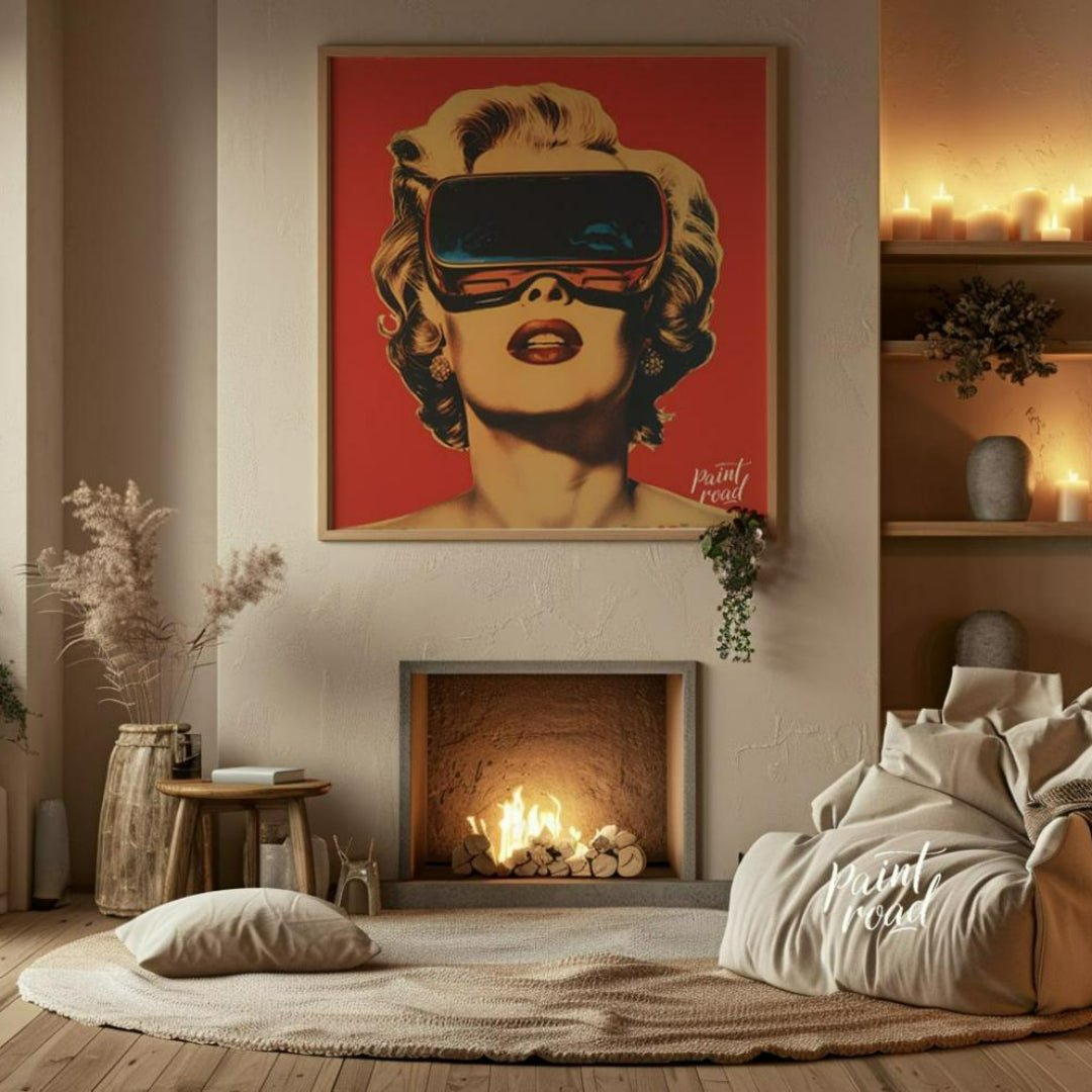 "Retro Reality" presents a stylized portrait of a woman, reminiscent of Marilyn Monroe, wearing fut… for living room