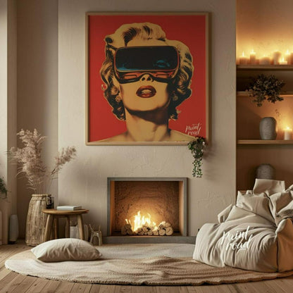 "Retro Reality" presents a stylized portrait of a woman, reminiscent of Marilyn Monroe, wearing fut… for living room