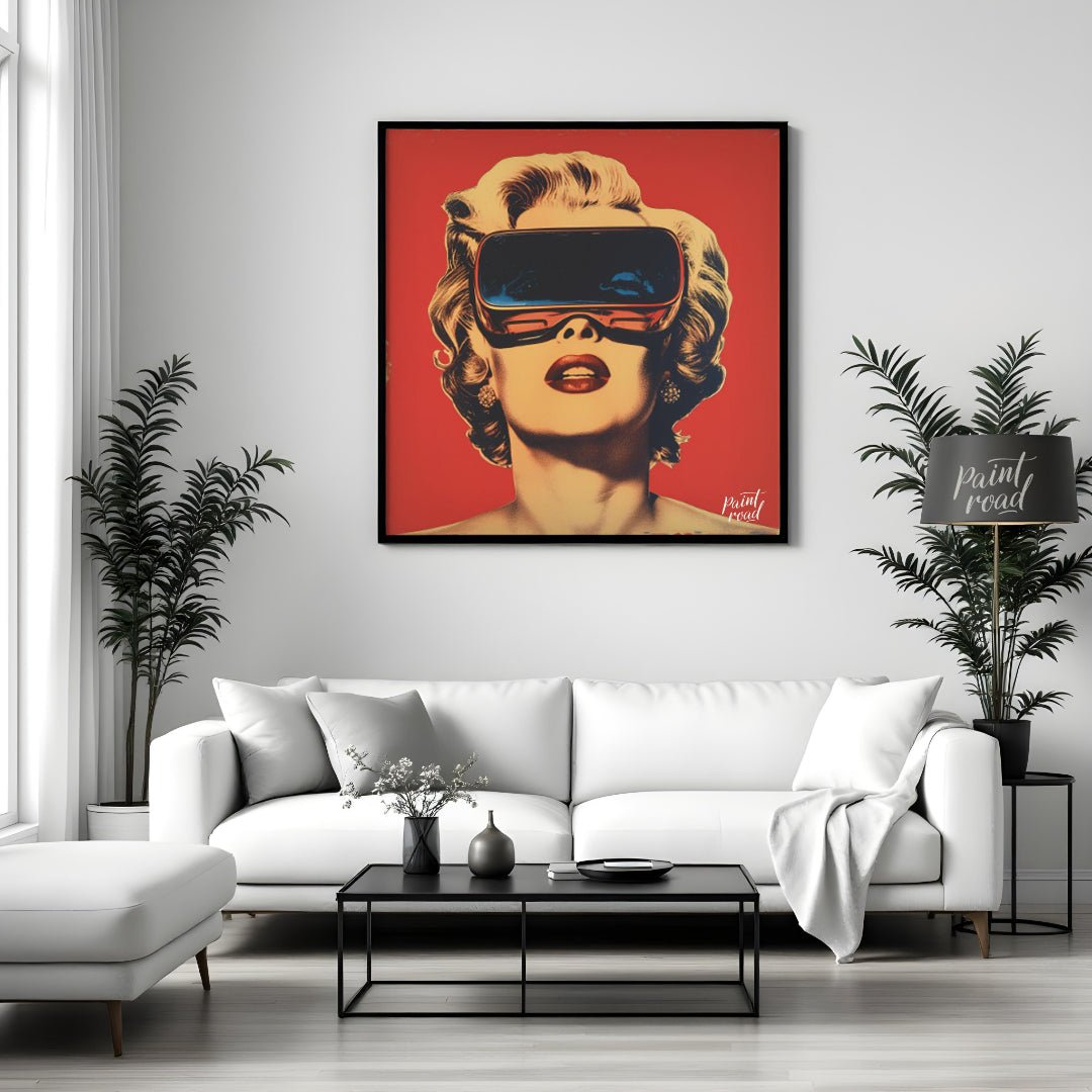 "Retro Reality" presents a stylized portrait of a woman, reminiscent of Marilyn Monroe, wearing fut… for living room