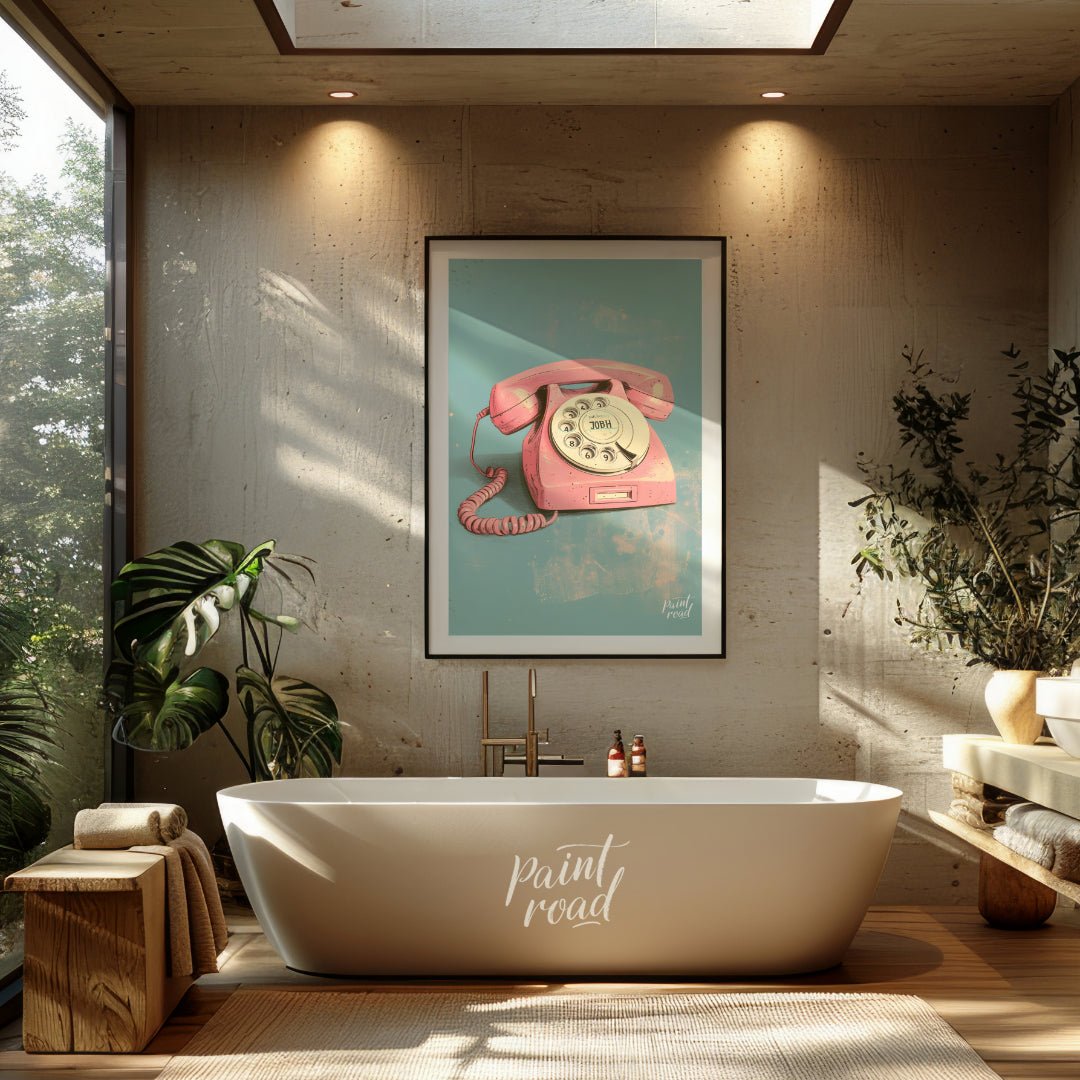 This beautiful painting captures the nostalgic charm of a vintage rotary phone in a soft pink hue. … for bathroom