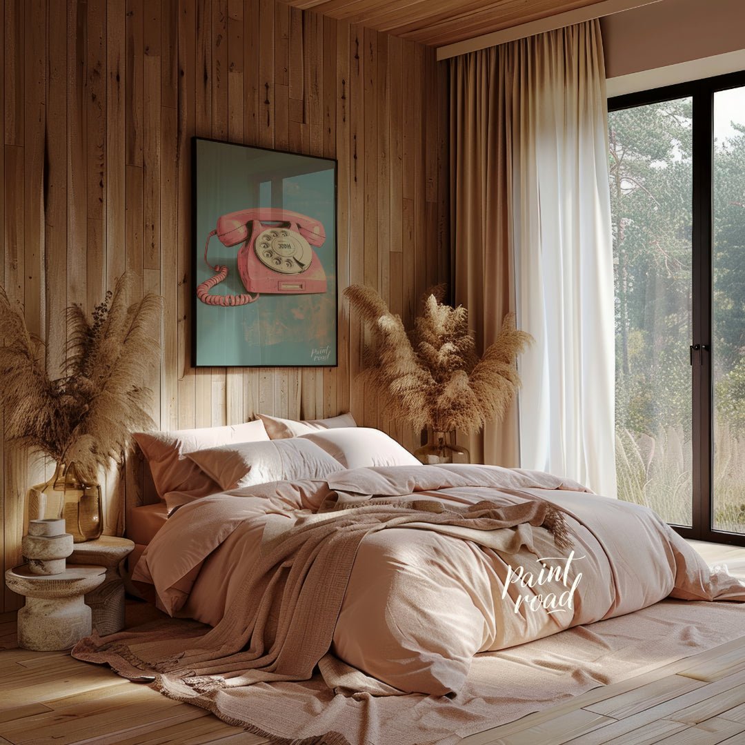 This beautiful painting captures the nostalgic charm of a vintage rotary phone in a soft pink hue. … for bedroom