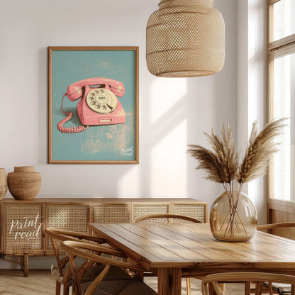 This beautiful painting captures the nostalgic charm of a vintage rotary phone in a soft pink hue. … for dining room