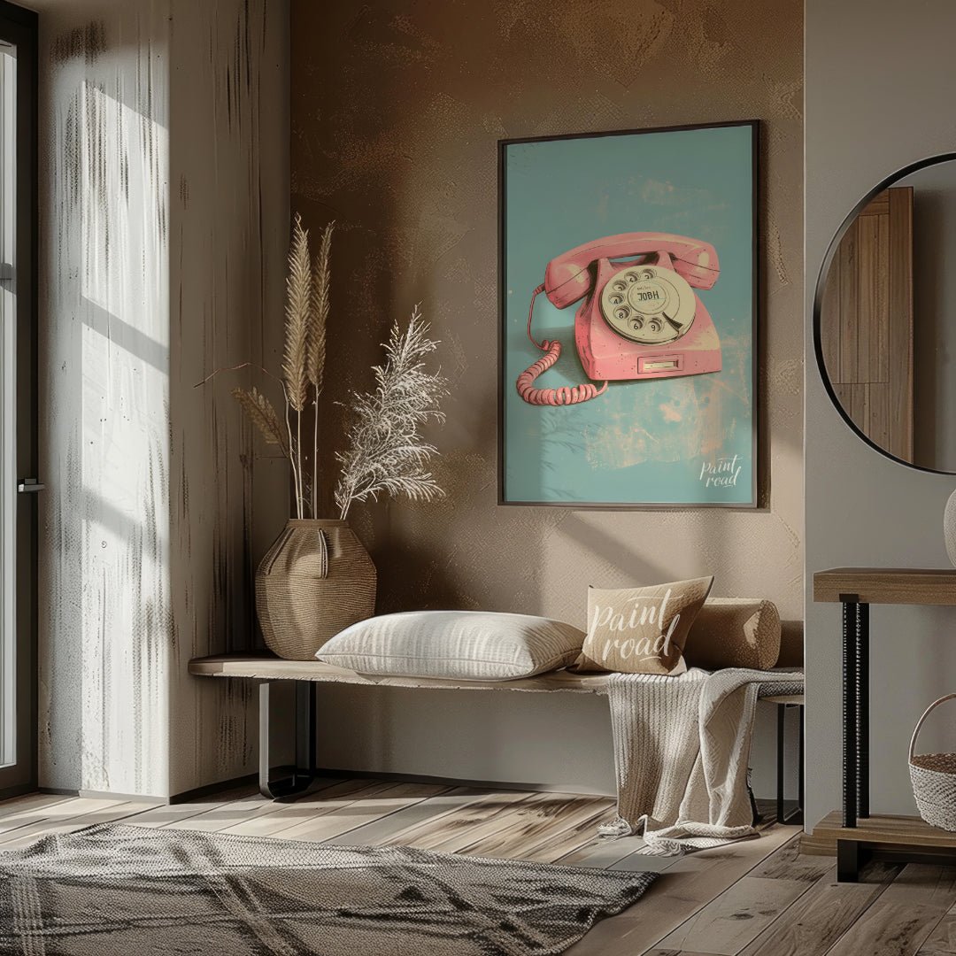 This beautiful painting captures the nostalgic charm of a vintage rotary phone in a soft pink hue. … for entryway