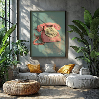 This beautiful painting captures the nostalgic charm of a vintage rotary phone in a soft pink hue. … for living room