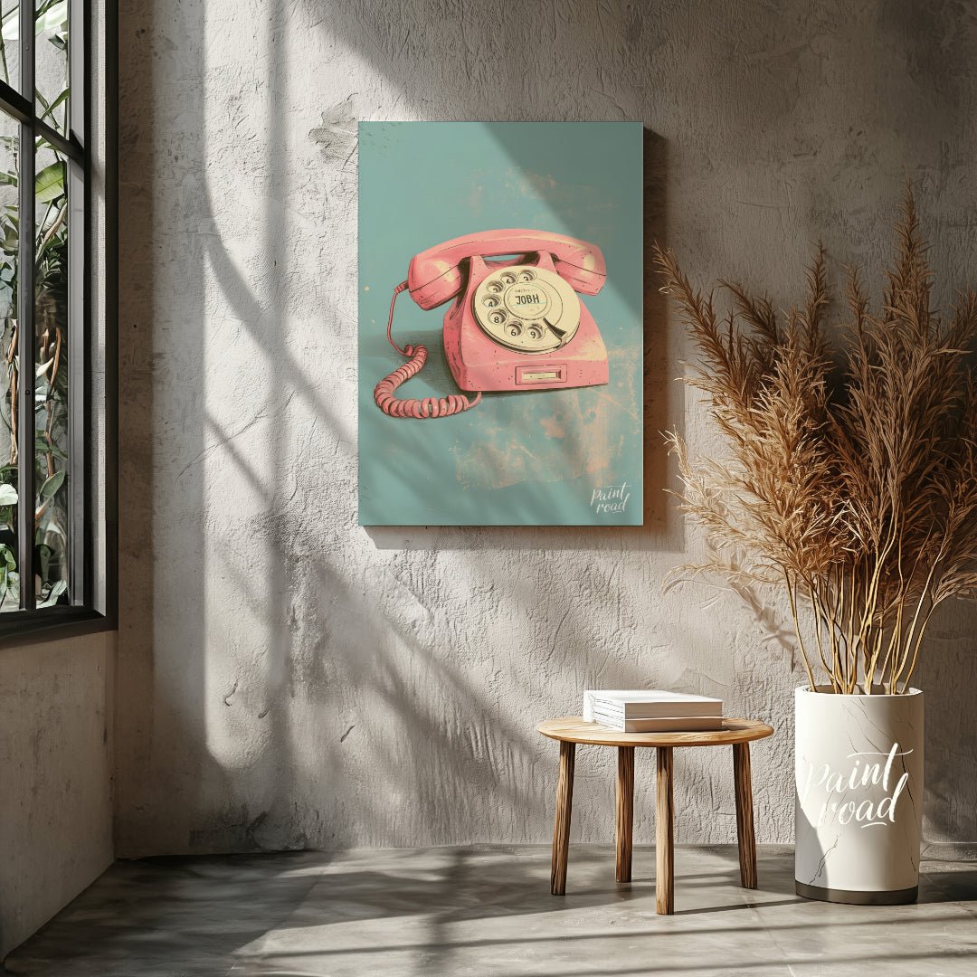 This beautiful painting captures the nostalgic charm of a vintage rotary phone in a soft pink hue. … for living room