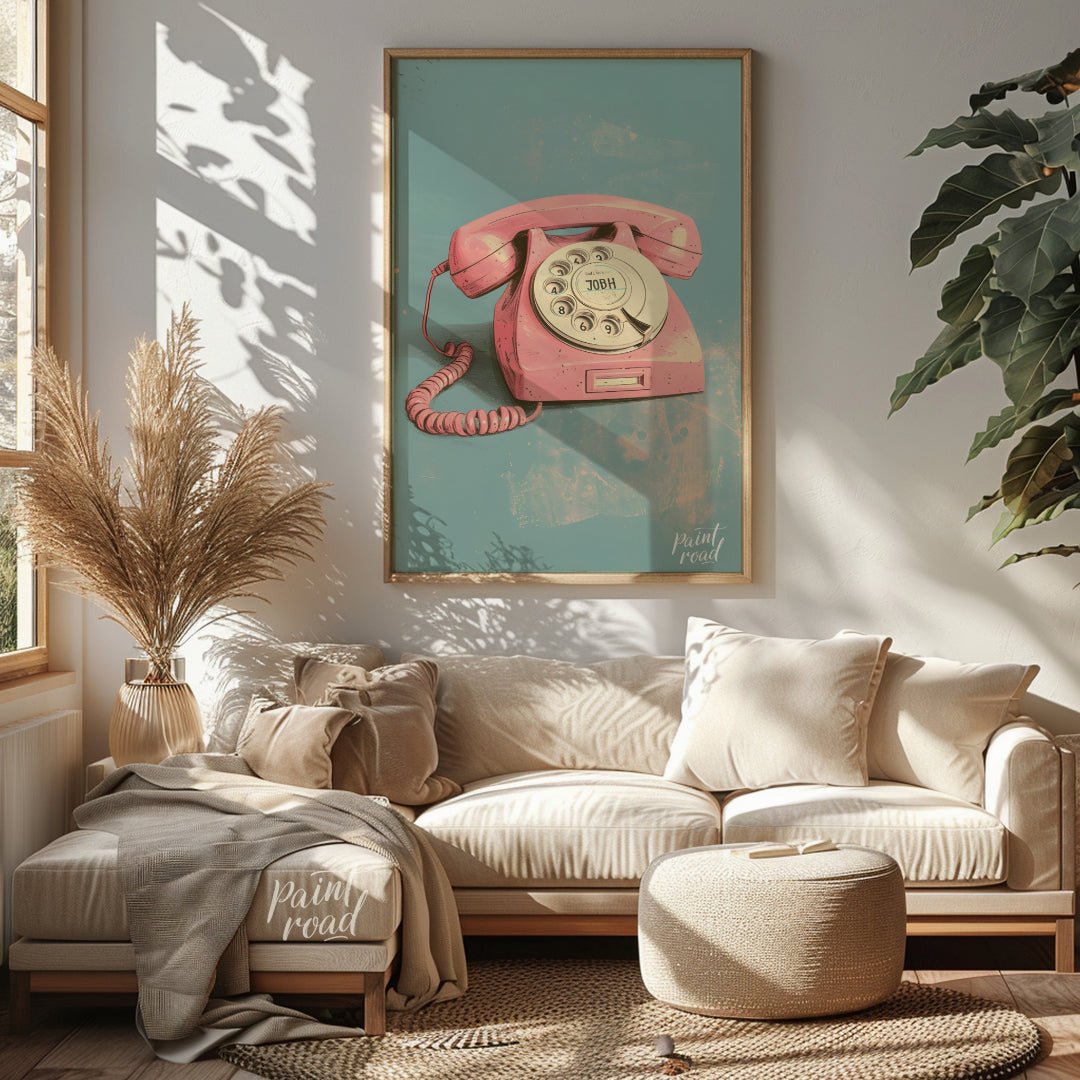 This beautiful painting captures the nostalgic charm of a vintage rotary phone in a soft pink hue. … for living room