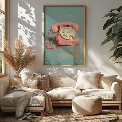 This beautiful painting captures the nostalgic charm of a vintage rotary phone in a soft pink hue. … for living room