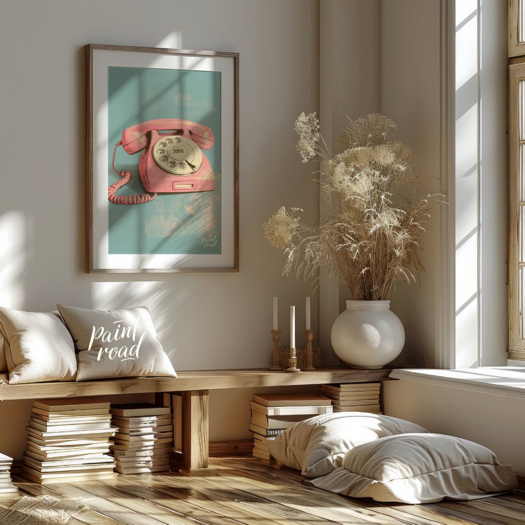 This beautiful painting captures the nostalgic charm of a vintage rotary phone in a soft pink hue. … for living room