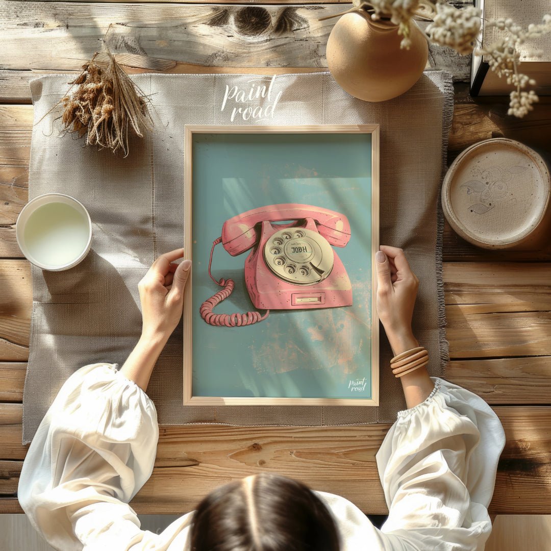 This beautiful painting captures the nostalgic charm of a vintage rotary phone in a soft pink hue. … for other