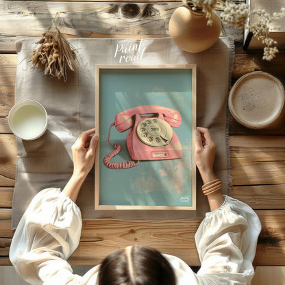 This beautiful painting captures the nostalgic charm of a vintage rotary phone in a soft pink hue. … for other