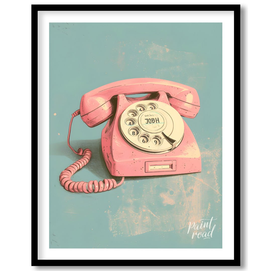 This beautiful painting captures the nostalgic charm of a vintage rotary phone in a soft pink hue. … for place
