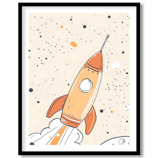 An exciting and whimsical illustration depicts a retro-style rocket ship launching into a starry, o… for home