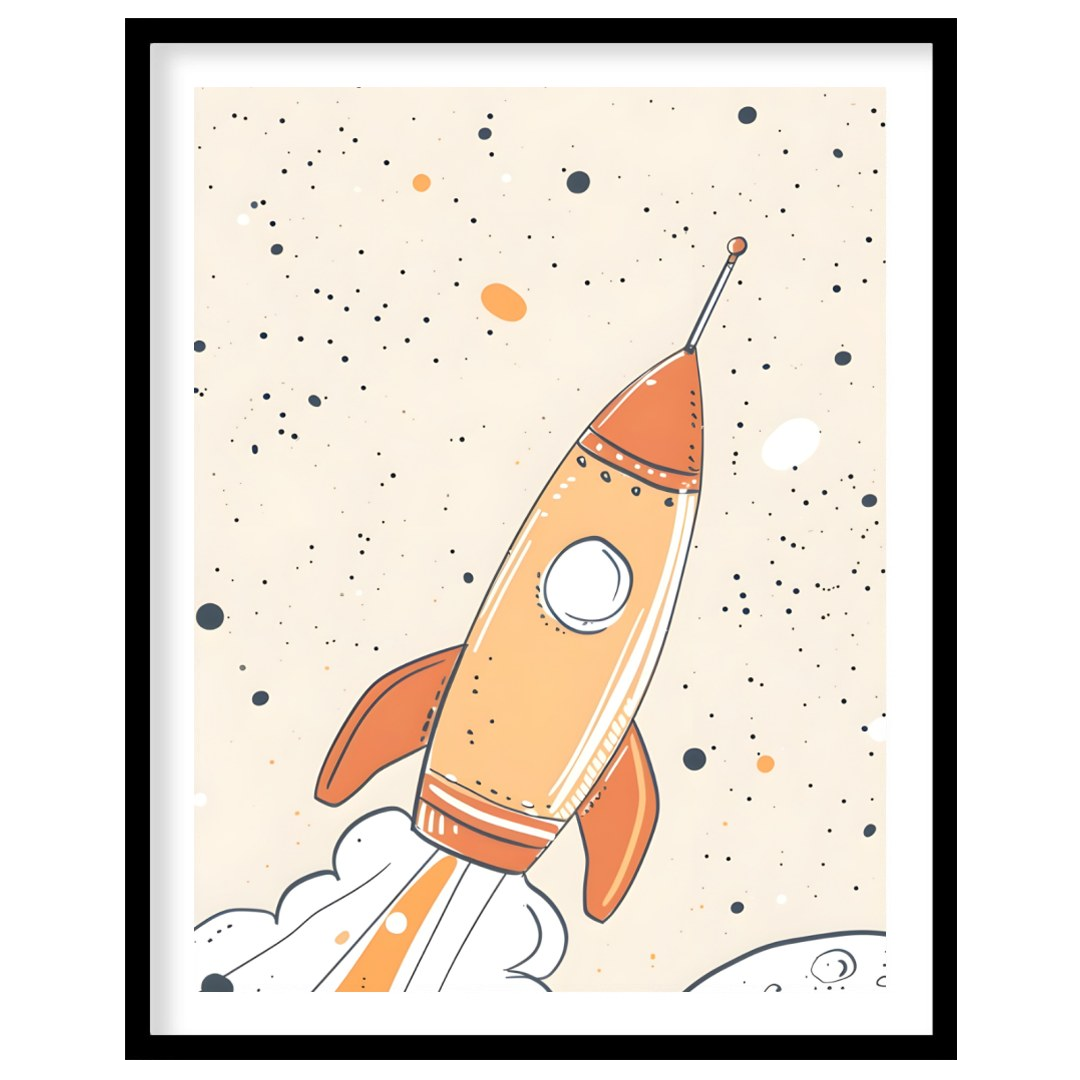 An exciting and whimsical illustration depicts a retro-style rocket ship launching into a starry, o… for home