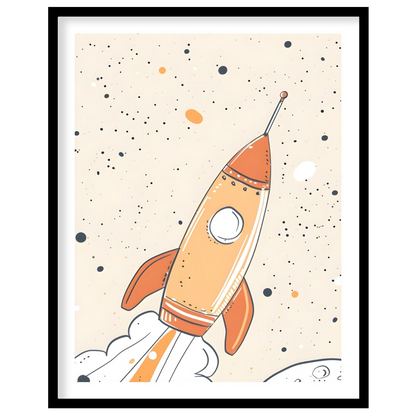 An exciting and whimsical illustration depicts a retro-style rocket ship launching into a starry, o… for home