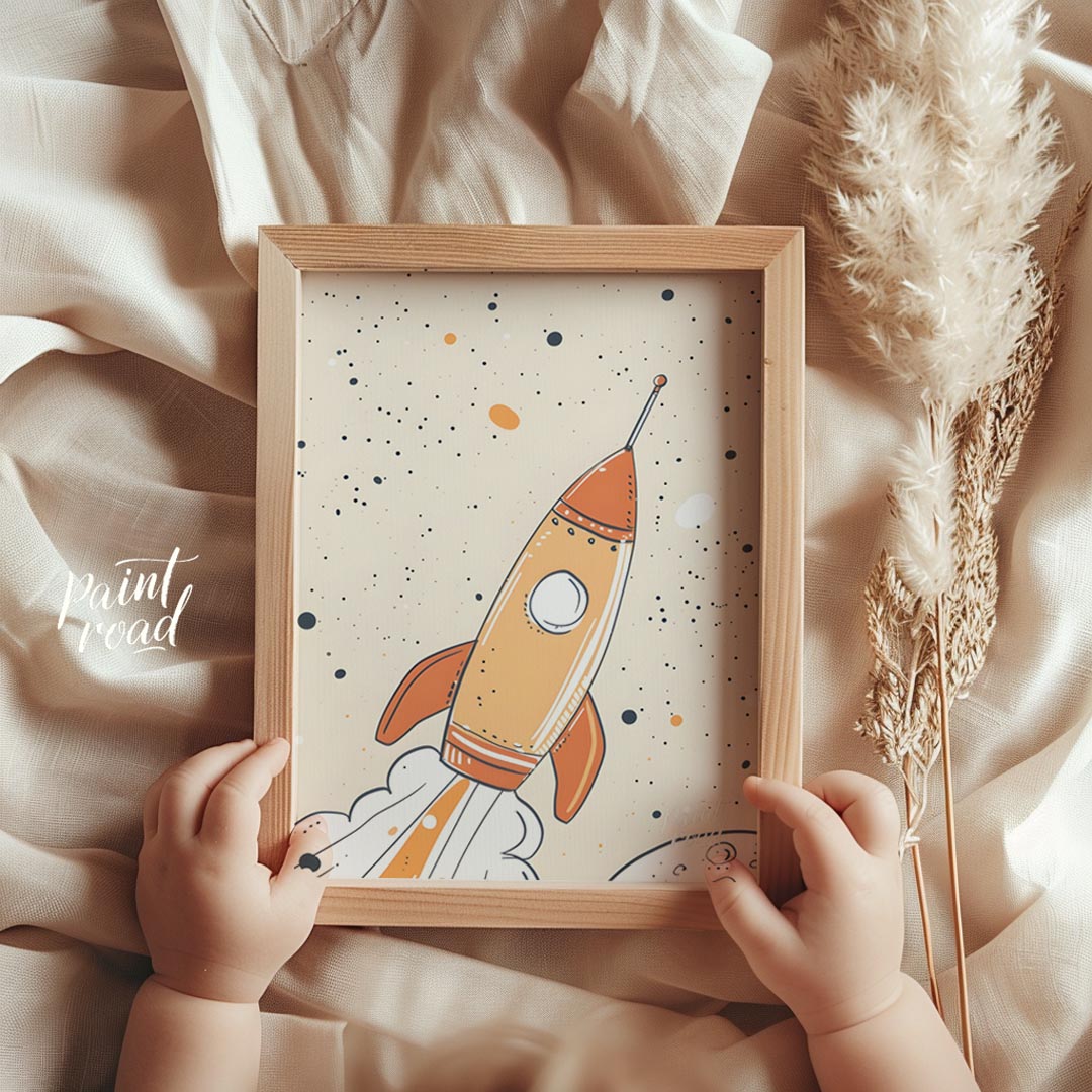 An exciting and whimsical illustration depicts a retro-style rocket ship launching into a starry, o… for nursery