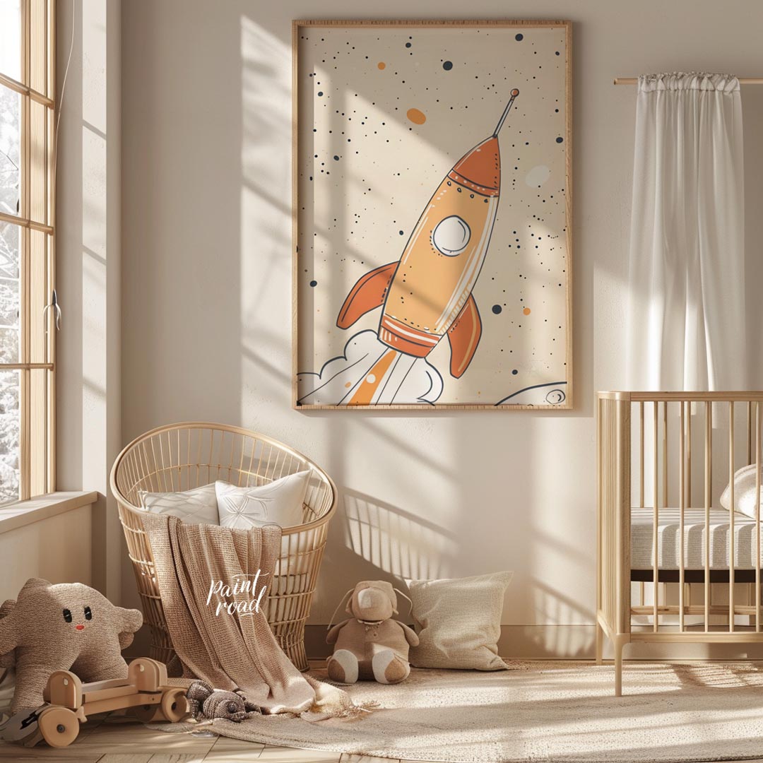 An exciting and whimsical illustration depicts a retro-style rocket ship launching into a starry, o… for nursery