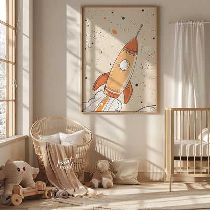 An exciting and whimsical illustration depicts a retro-style rocket ship launching into a starry, o… for nursery
