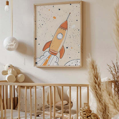 An exciting and whimsical illustration depicts a retro-style rocket ship launching into a starry, o… for nursery