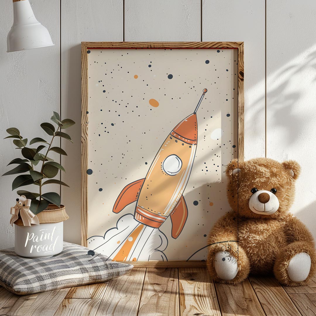An exciting and whimsical illustration depicts a retro-style rocket ship launching into a starry, o… for nursery