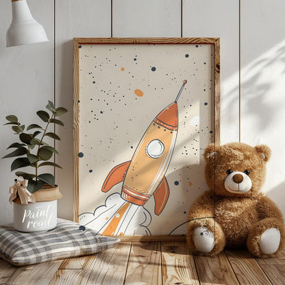 An exciting and whimsical illustration depicts a retro-style rocket ship launching into a starry, o… for nursery