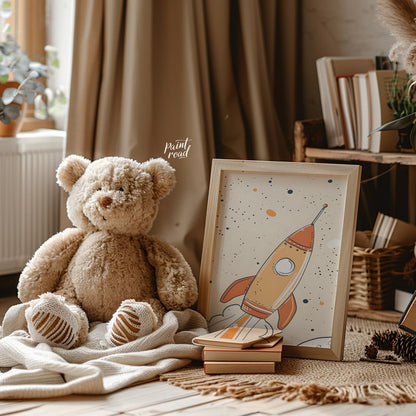 An exciting and whimsical illustration depicts a retro-style rocket ship launching into a starry, o… for nursery