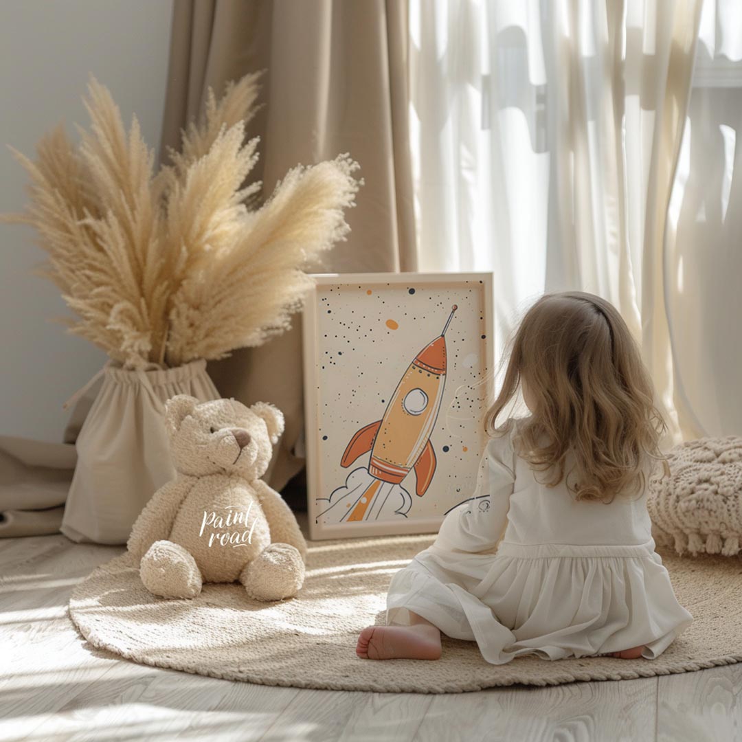 An exciting and whimsical illustration depicts a retro-style rocket ship launching into a starry, o… for nursery