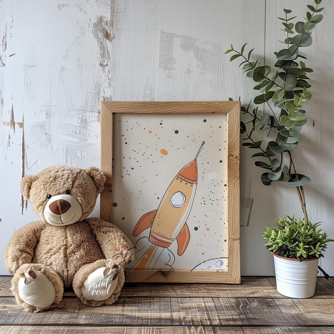 An exciting and whimsical illustration depicts a retro-style rocket ship launching into a starry, o… for nursery