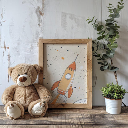 An exciting and whimsical illustration depicts a retro-style rocket ship launching into a starry, o… for nursery