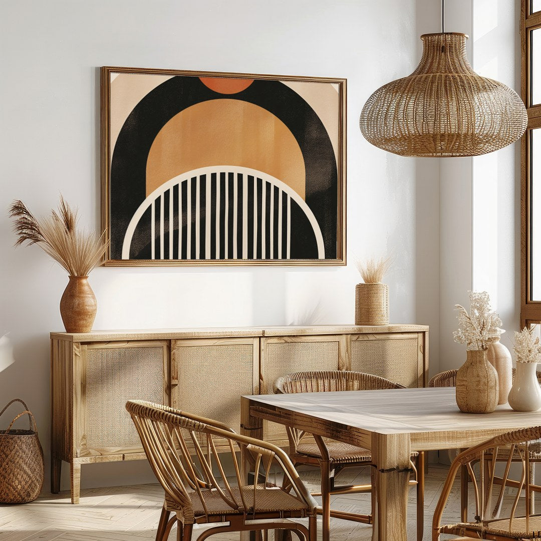 This striking abstract piece features a retro-inspired arch design, blending warm tones of orange, for Dining