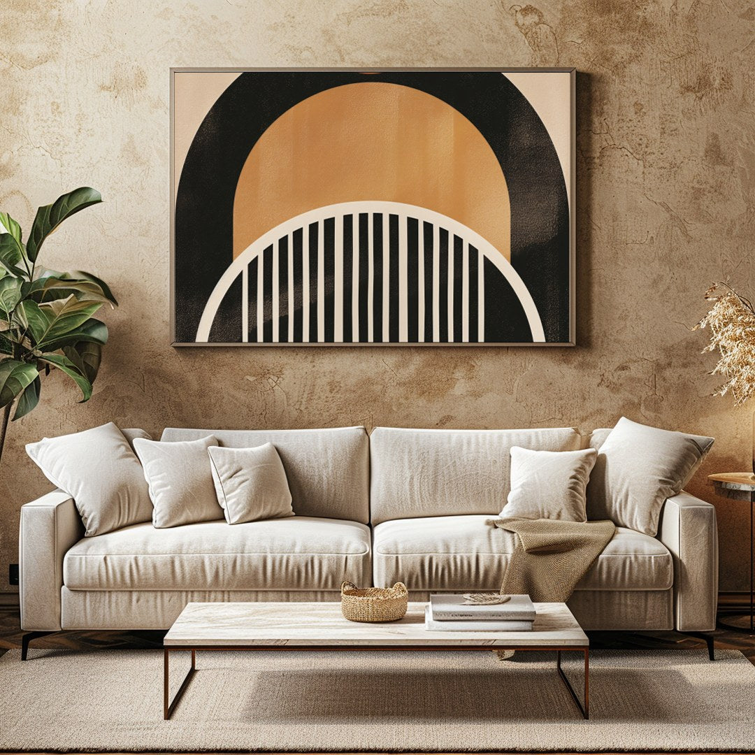 This striking abstract piece features a retro-inspired arch design, blending warm tones of orange, for Family Room