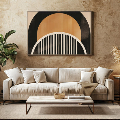 This striking abstract piece features a retro-inspired arch design, blending warm tones of orange, for Family Room