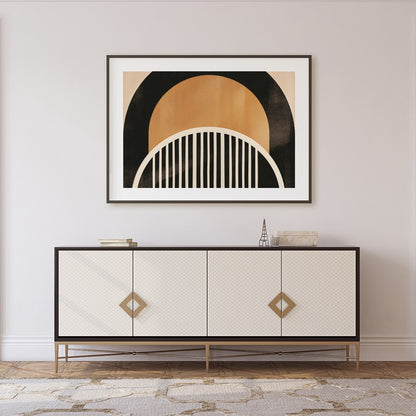 This striking abstract piece features a retro-inspired arch design, blending warm tones of orange, for Foyer
