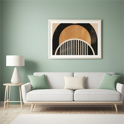 This striking abstract piece features a retro-inspired arch design, blending warm tones of orange, for Hall