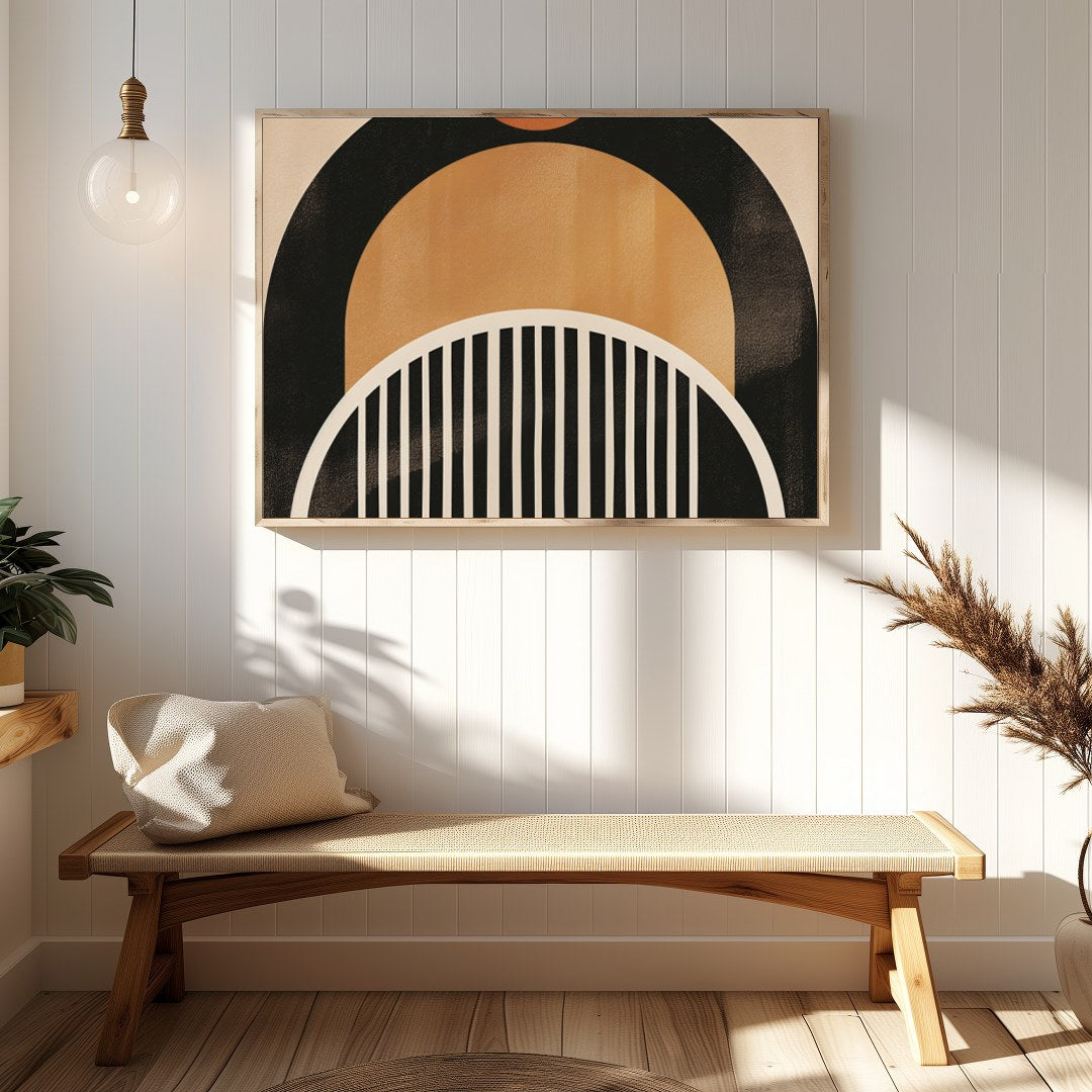 This striking abstract piece features a retro-inspired arch design, blending warm tones of orange, for Hallway