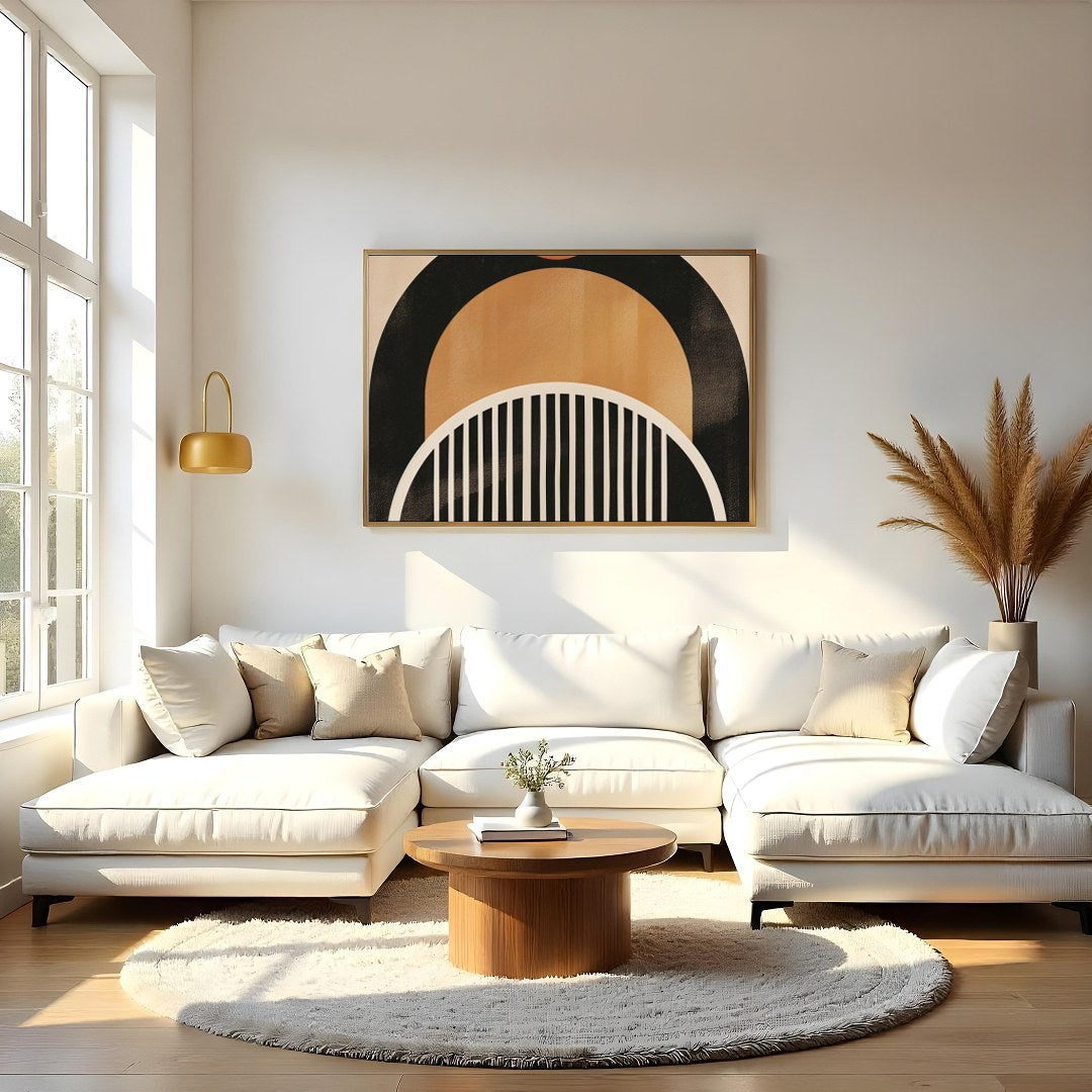 This striking abstract piece features a retro-inspired arch design, blending warm tones of orange, for Living Room