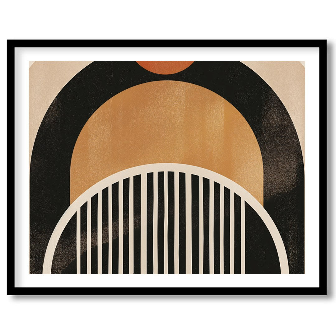 This striking abstract piece features a retro-inspired arch design, blending warm tones of orange, for lovely-house