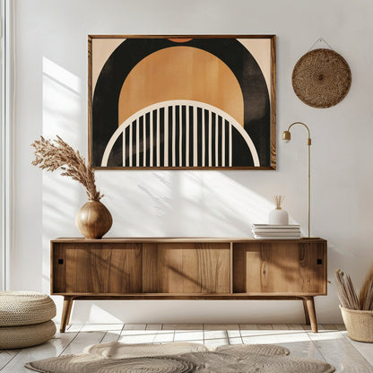 This striking abstract piece features a retro-inspired arch design, blending warm tones of orange, for Sitting Area