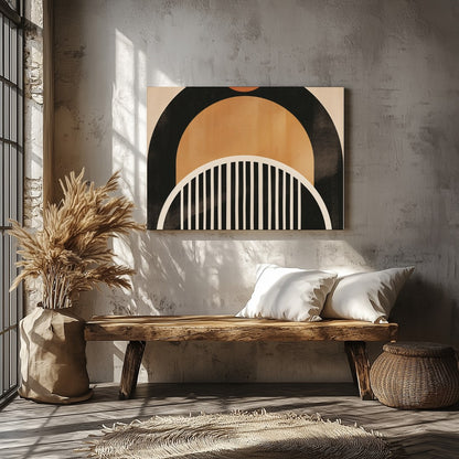This striking abstract piece features a retro-inspired arch design, blending warm tones of orange, for Veranda