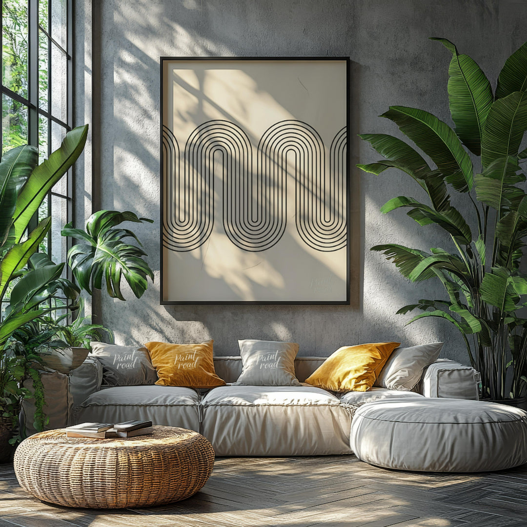 """Retro Wave Arc"" features a striking geometric design with a clear nod to mid-century modern aes… for living room