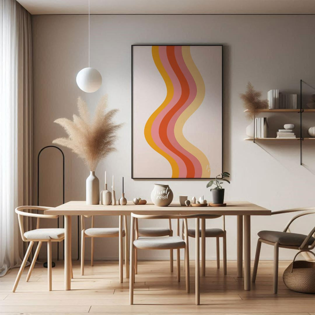 Retro Waves Harmony is a warm, minimalistic art print that captures the nostalgia of 70s-inspired c… for dining room
