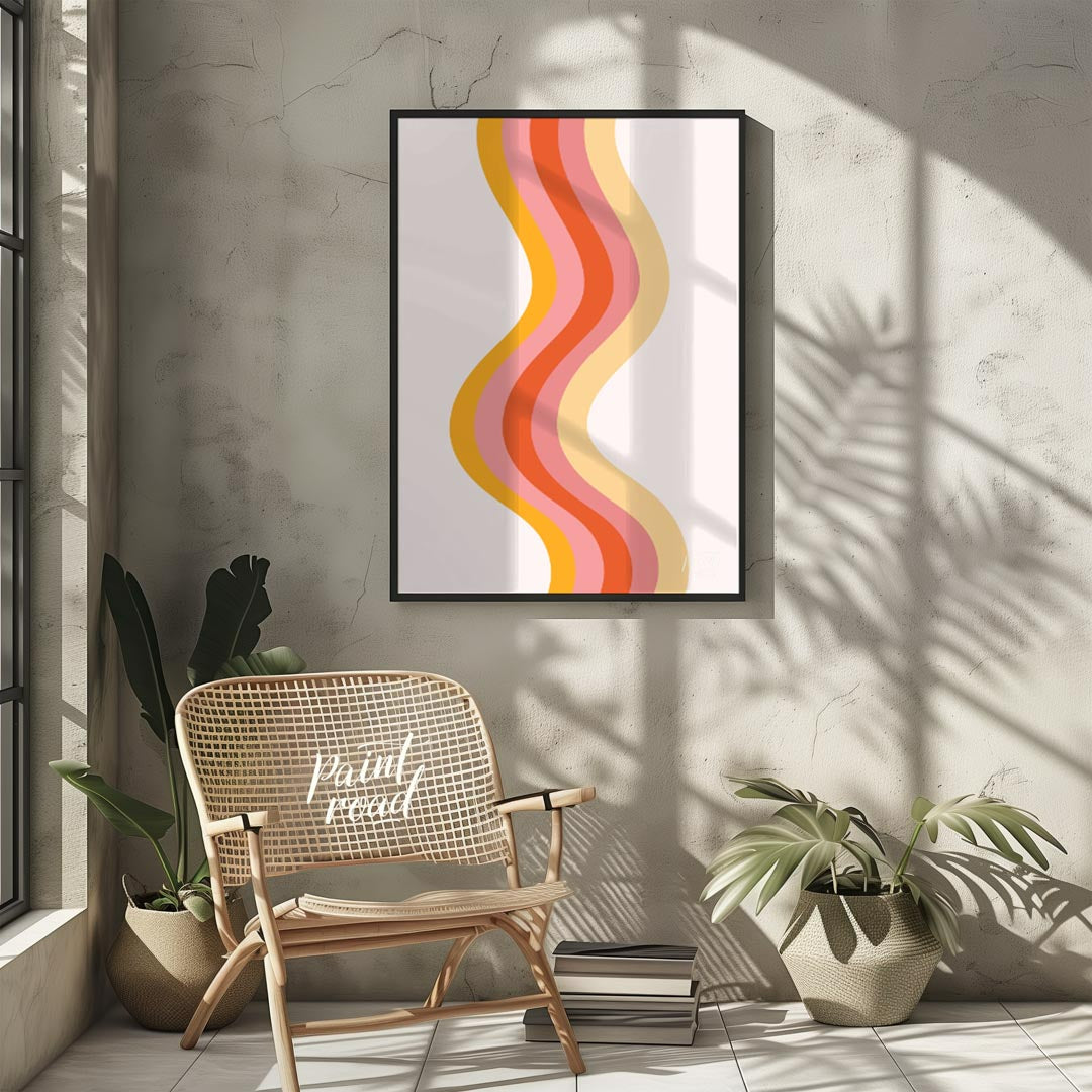 Retro Waves Harmony is a warm, minimalistic art print that captures the nostalgia of 70s-inspired c… for living room