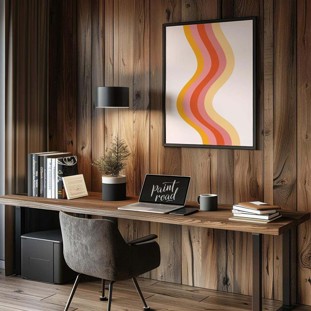 Retro Waves Harmony is a warm, minimalistic art print that captures the nostalgia of 70s-inspired c… for office