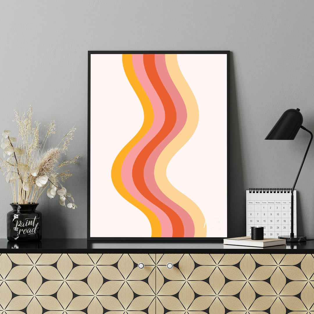 Retro Waves Harmony is a warm, minimalistic art print that captures the nostalgia of 70s-inspired c… for office