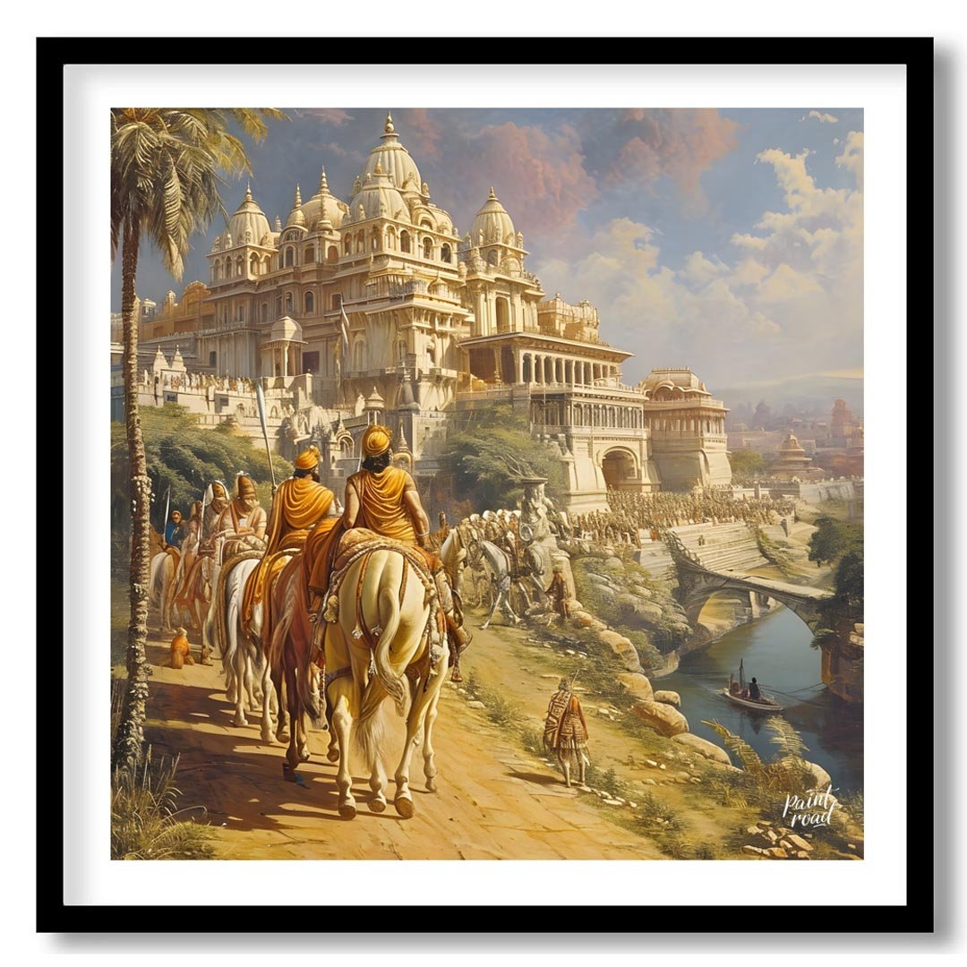 This majestic painting illustrates a royal procession approaching an opulent palace in an ancient I… for area