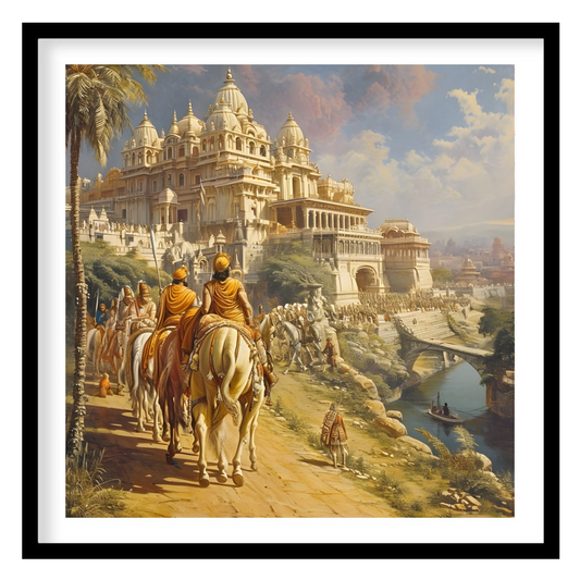 This majestic painting illustrates a royal procession approaching an opulent palace in an ancient I… for area